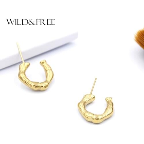 Wild&Free Hot Sale Small Open Hoop Earrings For Women Girl C Shape Irregular Bamboo Tiny Hoops Earring Stainless Steel Jewelry