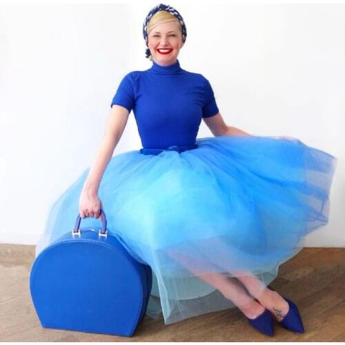 Sky Blue Casual Tea Length Tulle Skirts Women A-line Summer Layered Tulle Skirts Elastic Custom Made Plus Size
