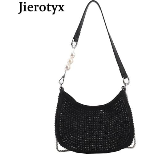 JIEROTYX 2021 Rivets Gothic Style Women Handbags Black Silver Beaded Casual Female Underarm Shouder Bags With Rhinestone Soft PU