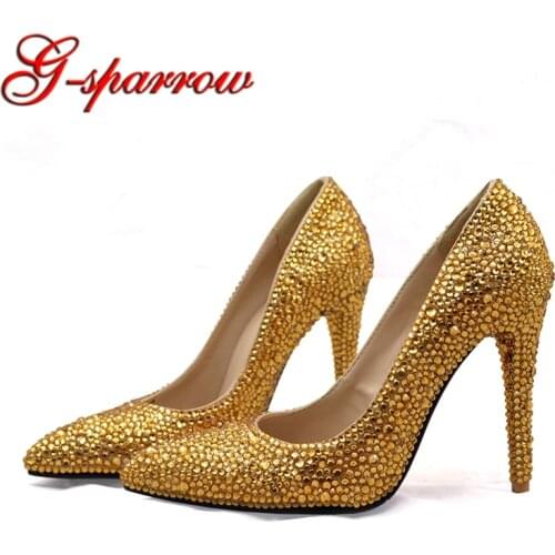 2018 Pointed Toe Women High Heel Shoes Wedding Pumps Plus Size 34-47 Gold Rhinestone Bridal Dress Shoes with Purse Evening Bag