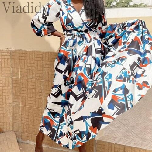 Multicolor Print Casual A-Line Dress Women V-Neck Long Sleeve Tied Waist Midi Dresses