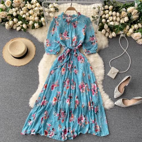Spring Summer Women Ruffled Neck Three Quarter Sleeve Sashes Slim Long Dress Elegant Flowers Print Pleated Hem Chiffon Dress