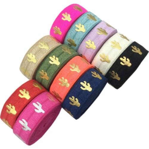 10Yards 15mm Silver Gold Foil Cactus Print Fold Over Elastic FOE Ribbon Webbing For Headwear Hair Sewing Accessories