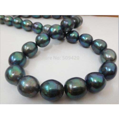 17"6-12MM NATURAL TAHITIAN GENUINE BLACK PEACOCK GREEN OVAL PEARL NECKLACE