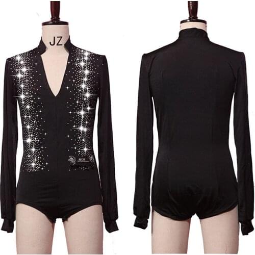 2019 Latin Dance Tops Men V-Collar Black Shirt Rhinestone Tango Wear ChaCha Professional Competition Mens Ballroom Shirts BL2006