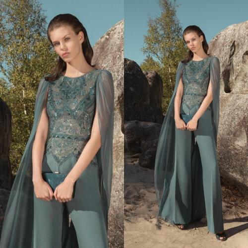 2020 Prom Jumpsuit With Cape Wrap Illusion Evening Dresses Lace Beaded Special Occasion Dress Customized Luxury Prom Gowns