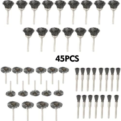 45pcs Stainless Steel Wire Brush Rotary Tool Grinder Removal Wheel 3mm Shank umbrella / pen /cup type