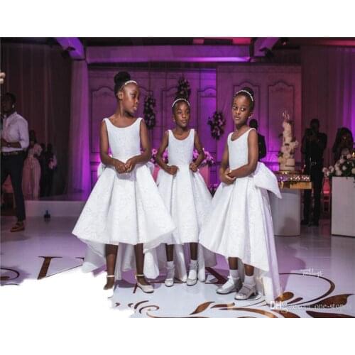 African Cute White Lace Flower Girl Dress Newest Hi-Lo Open Back Princess Formal Girl Dress Long Pageant Prom Evening Wedding Go