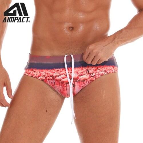AIMPACT New Fashion Ins Style Mens Bikini Briefs Funny Sexy Flamingo Swimming Surf Quick Dry Drawstring Swimwear for Man AM8126
