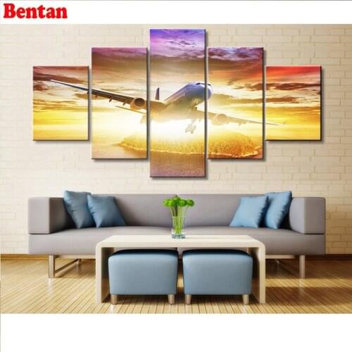 5 pcs Airplane sunset landscape diamond painting cross stitch diy mosaic diamond embroidery square round 5D handmade decoration