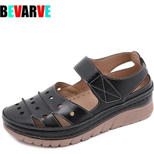 BEVARVE 2021 New Women Fashion PU Retro Light Velcro Car Line Anti Slip Slope Heel Baotou Sandals Comfortable Women Shoes 7KG27