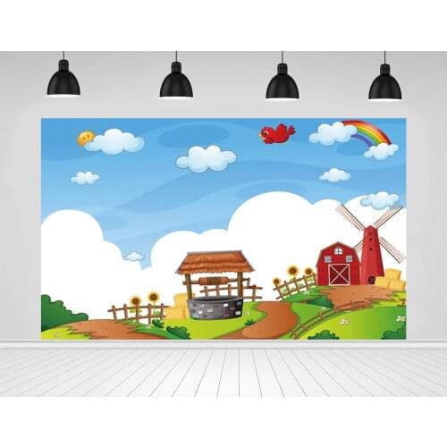 Scopiso Cartoon Farm Rural Filed Windmill Baby Birthday Photograph Backdrop Blue Sky Clouds Fence Poster Photo Studio Background