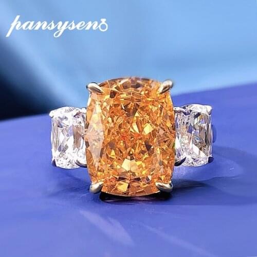 PANSYSEN Trendy Real 925 Sterling Silver Cushion Cut Citrine Created Moissanite Gemstone Rings for Women Cocktail Fine Jewelry