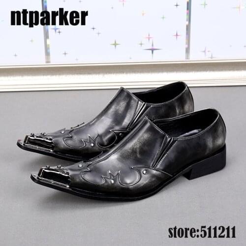 Ntparker Western Style Men Shoes Genuine Leather Business Party Shoes for Men Iron Pointed Toe Black Grey Men Wedding Shoes