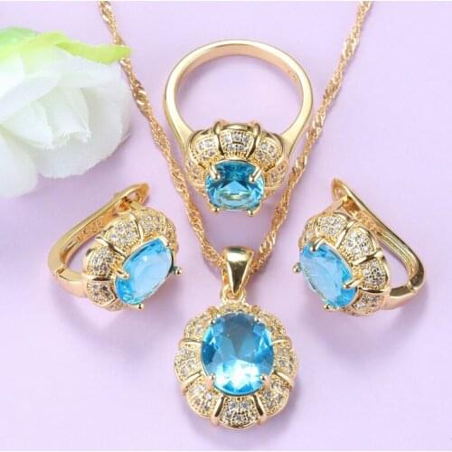 Hawaii Vacation Fashion Jewelry Sets Sea Blue Cubic Zircon Clip Earrings And Necklace Female Ring 10-Colors Gold Plated Jewelry
