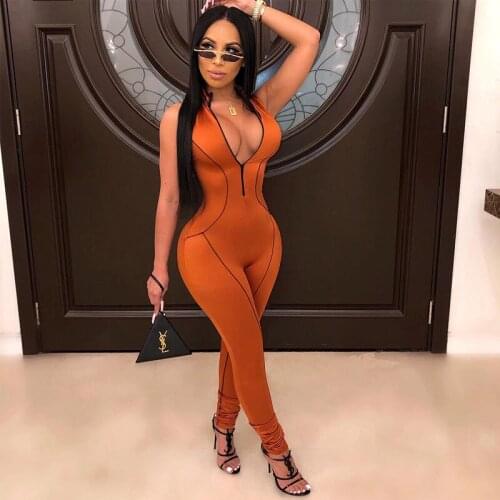 Sexy Bodycon Jumpsuit Romper Long Bodycon Bodysuit Women Zipper V Neck Jumpsuit Elegant Full Length Skinny Playsuit 2019
