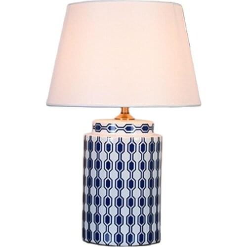 Blue White Plaid Thick Cylinder Ceramic Table Lamp For BedRoom Bedside Living Room Foyer Study Desk Reading Night Light TD077