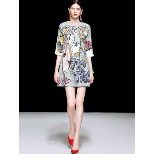 T-shirt skirt new spring and summer European and American womens seven-point sleeve diamond print casual loose trend dress tide