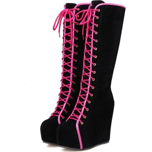 2021 New Women Knee High Boots Wedges High Heels Casual Ladies Lolita Gothic Shoes Platform Plus Size 41 42 43
