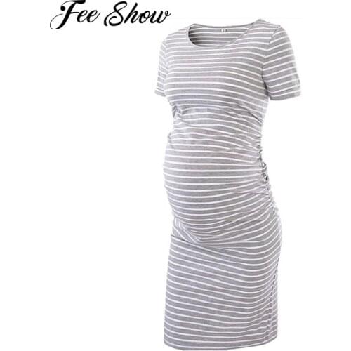 Women Maternity Summer Boat Neck T-shirt Dress Comfy Stretch Fabric Striped Short Sleeve One-piece Dress For Daily Wear