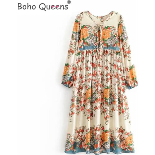 Boho Queens women purple floral print lace-up v-neck beach long Bohemian midi dress Ladies Summer rayon Boho dress vestidos