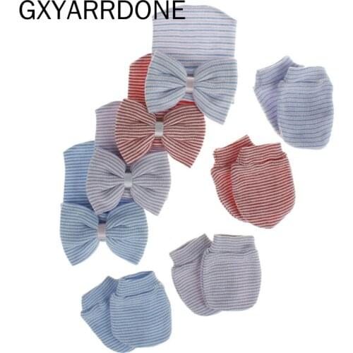 2 Pcs/set Newborn Baby Hat Gloves Child Warm Striped Bow Cap Infants Anti-Scratch Soft Cotton Glove Hats Bathing Gifts