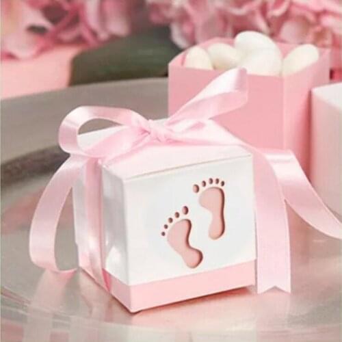50pcs Baby Foot Candy Box Baby Showe Baby Foot Footprints On The Beach Favour with ribbon gift box Birthday wedding Party Decor