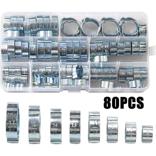 80Pcs Hose Clamp Double Ears Clamp 5-20mm Worm Drive Fuel Water Hose Pipe Clamps Clips Hose Fuel Clamps Assortment Kit