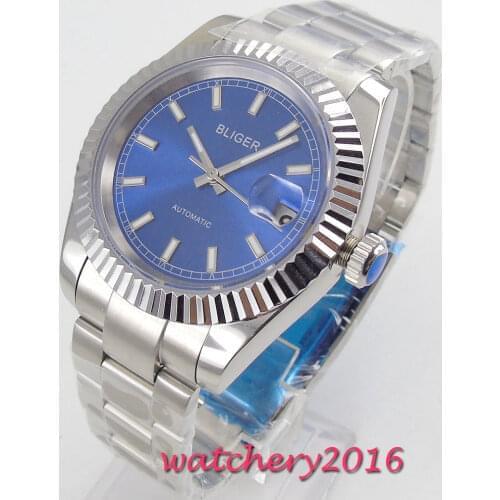 Luxury Fashion Bliger Men 36mm Watch Blue Dial Automatic Military Sapphire Glass Date Stainless Steel Band Wrist Watch Business