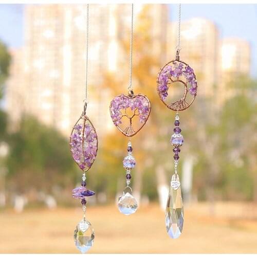 Purple Longevity Tree Crystal catcher Stone Beads Prism Pendant DIY Craft Chain Hanging Window Home Garden Wind Chimes Decor