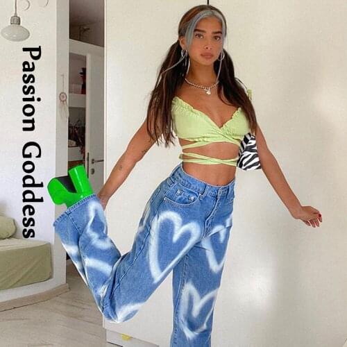 Cute Women Love Heart Graffiti Printed Straight Denim Jeans Loose High Waist Denim Pants Feminina Harajuku Pantalon Jeans Autumn