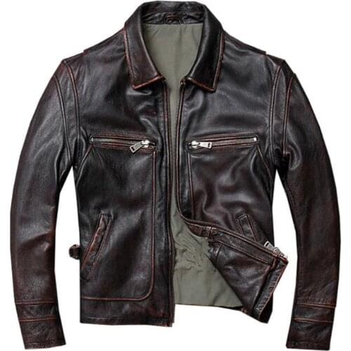 Genuine Cowhide Leather Jacket Men Vintage Brown Black Slim Motorcycle Brand Clothing Casual 100% Cow Cowhide Leather Coat Tops