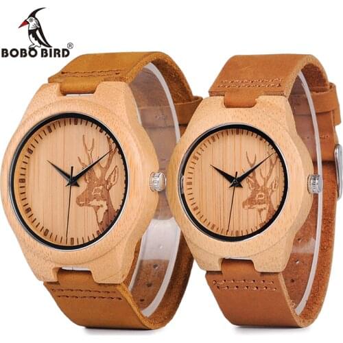 BOBO BIRD Watch Men Elk Deer Head Bamboo Engraving Watches Women with Genuine Leather Lovers' Wristwatches relogio masculino