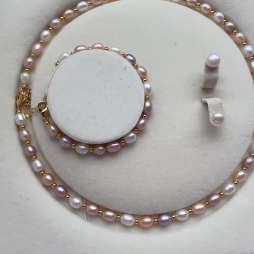 Natural muti color rice drop shape freshwater pearl necklace jewelry set for women