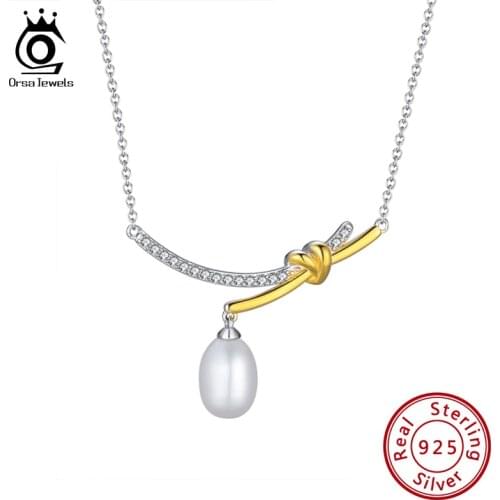 ORSA JEWELS 8*10mm White Natural Freshwater Pearl Pendants Necklaces 925 Silver Gold Plated Knot Zirconia Clavicle Chain GPN01
