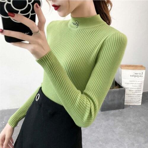 Autumn Winter Sweater Women Long Sleeve Pullover Women Half Turtleneck 2021 Embroidery Letter Korean Style Knit Tops Femme