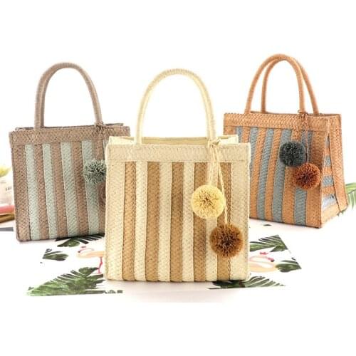 New Paper Rope Woven Women Handbags Fashion Hanging Ball Striped Female Bag Square Summer Straw Beach Bag Designer Shopper Purse