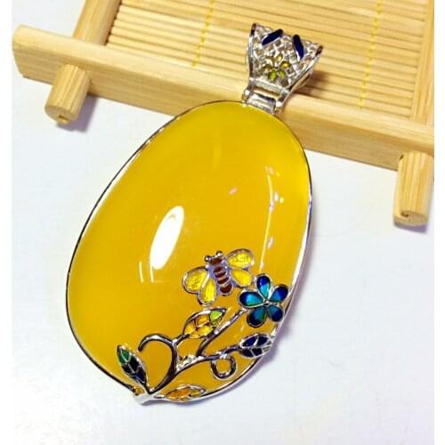 [S925] silver inlaid pure natural flowers bee Cloisonne Pendant Shaolan pulp