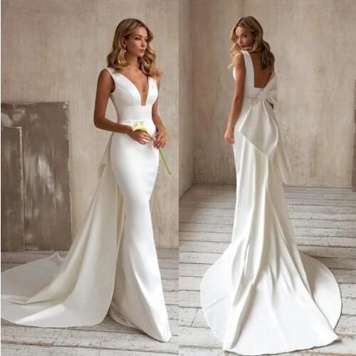 Mermaid Wedding Dresses with Detachable Train Bow V-Neck Elegant White Ivory Boho Simple Bridal Gown Sleevesless Aabito da sposa