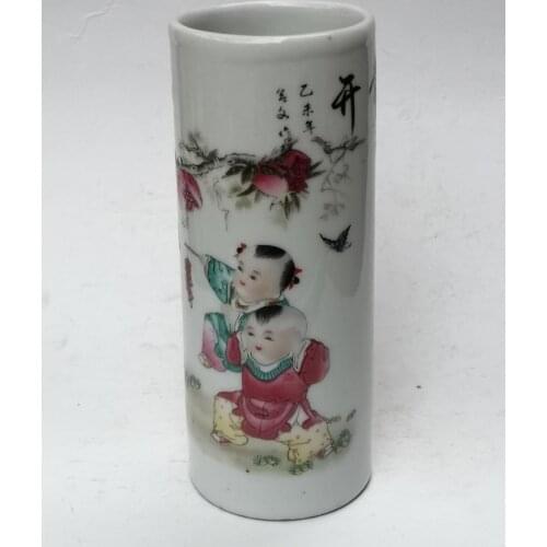 YIZHU CULTUER ART Collectrd China Traditinal Art Porcelain Painting boy elated and happy Brush pot Decoration Gift