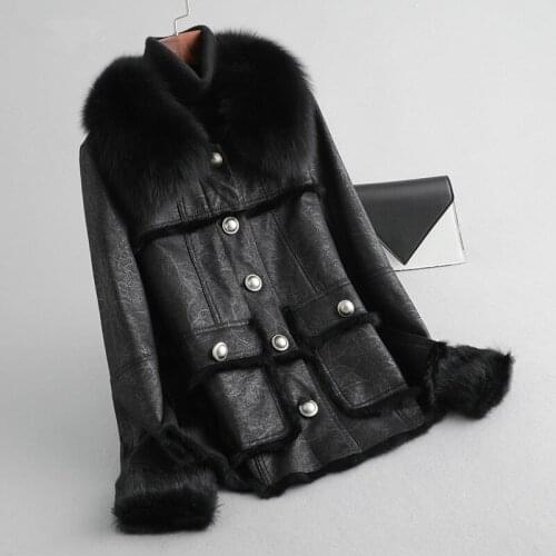 Women Fox Fur Collar Faux Leather Jacket Real Fur Coat Female Natural Rabbit Fur Coat Winter Jacket A298