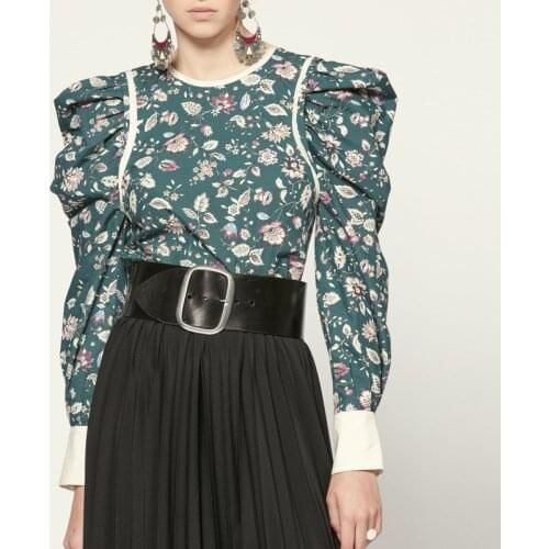 Women Shirt 2020 Autumn and Winter Retro Floral Print Long-sleeved Shirt Green Round Neck Stitching Shirt Shoulder Pad Top