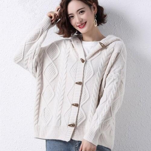 Fall Black Horn Buckle Twist Knitted Gardigan Hooded Button Long Sleeve Top Korean Kawaii Cute Vintage Sweater Jacket Women 2021