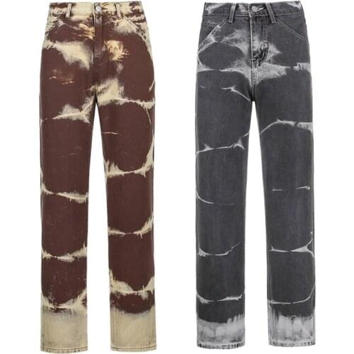 Women High Waist Straight Leg Jeans Vintage Contrast Color Tie-Dye Denim Pants Harajuku Hip Hop Baggy Loose Trousers 2021