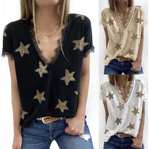 SAGACE Casual loose V-neck star print lace splicing short sleeve womens top 2021 summer new womens wear футболка женский