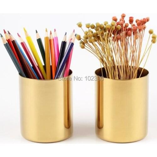 20pcs 400ml Nordic Style Brass Gold Vase Stainless Steel Cylinder Pen Holder for Desk Organizers Stand Pencil Pot Holder