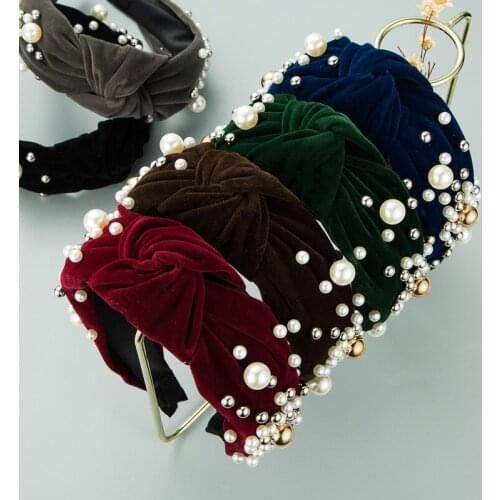 2021 European American New Fashion Pearl Headband Knotted Hair Accessories Versatile Flannel Fabric Hair Wide-sided Headwear