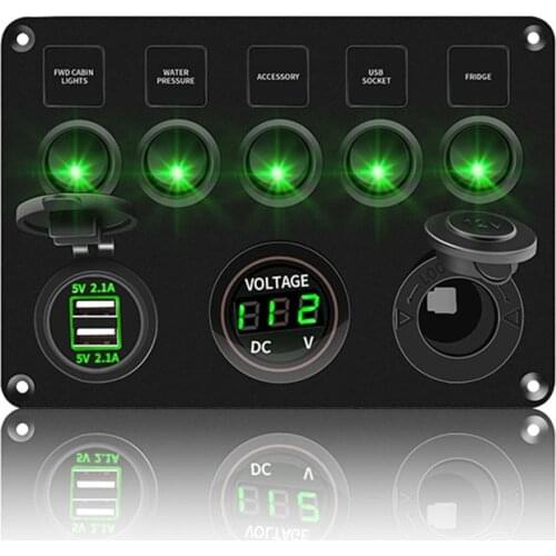5 Gang Switch Panel Dual USB Port 12V Outlet Combination Waterproof for Car Marine Ship LED Toggle Rocker Switch Panel