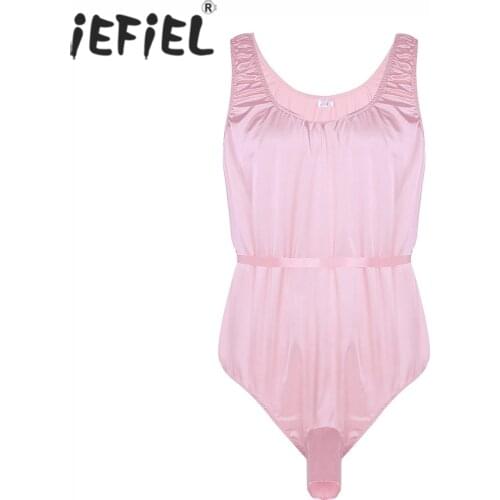 IEFiEL Mens Bodysuit Shiny Satin Sissy Lingerie Underwear Sleeveless Open Sheath Jockstraps Gay Bodysuit Sleepwear Catsuit