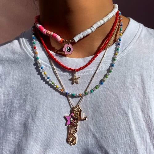 Flatfoosie Boho Colorful Beads Chain Star Moon Pendant Necklace For Women Fashion Flowers Strand Beaded Choker Necklaces Jewelry